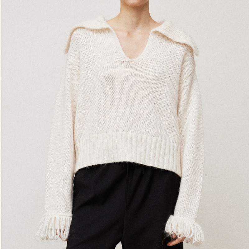 여성용 스웨터를 위한 네이비 칼라와 태슬 긴 소매가 있는 여성용 특별 디자인 알파카 니트웨어