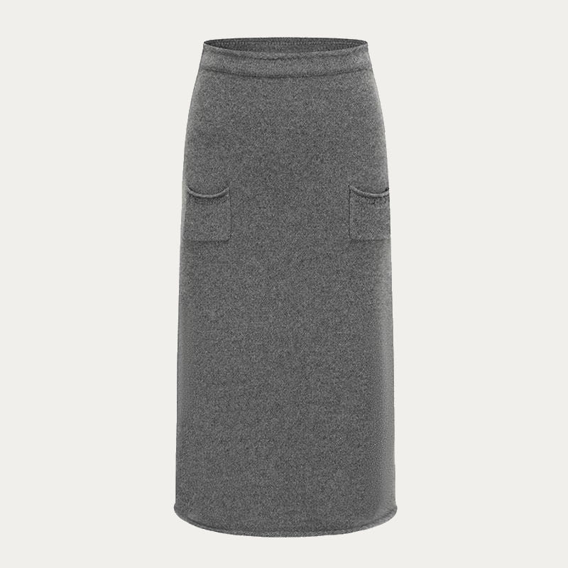 Women’S 100% Pure Wool High Waist Band Knit Skirt With Pocket