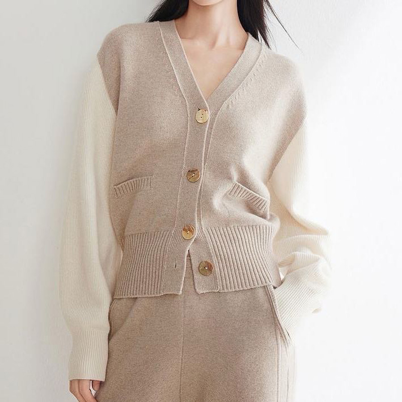 Women’s V-Neck Button Cardigan Casual Contrast Color Cashmere Knitwear for Ladies’ Sweaters Top Coat