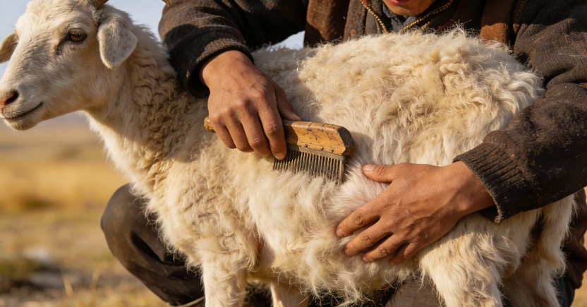  The process by which herdsmen collect the down from the bottom layer of cashmere using hand combs
