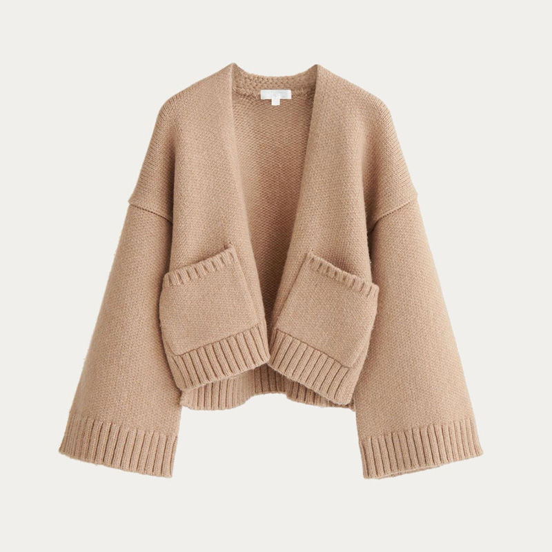 Women’s Loose Knitwear Cardigan with Rib Knit Sleeves and Pocket Top Coat Sweater