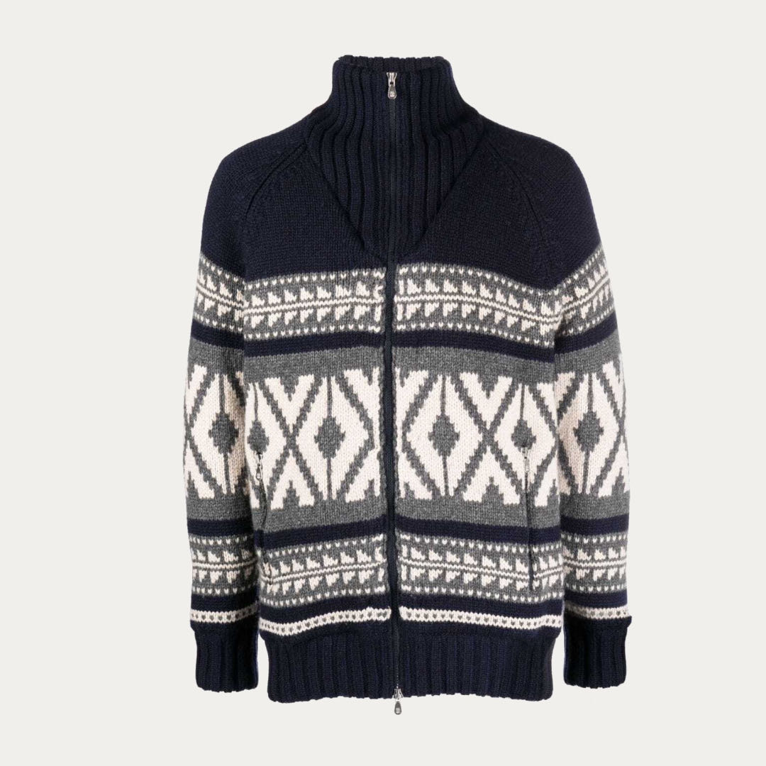 Hot Sale Men’s Intarsia & Jersey Knitted Turtle Neck Zipper Cardigan Knitwear with Spliced Collar