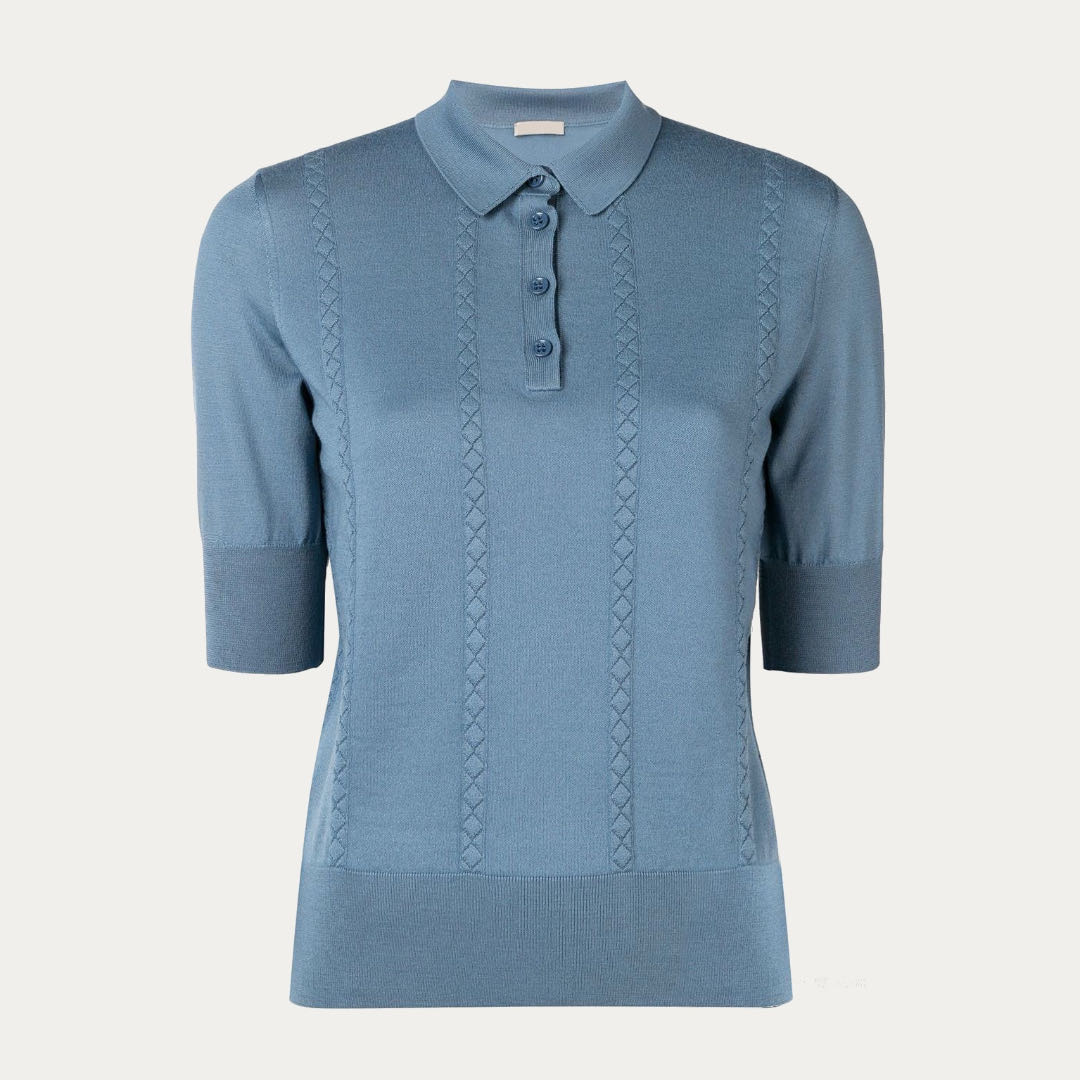 Custom Geometric Pattern Plain & Rib Half Button Turndown Collar Pullover Women’s Top Knitwear