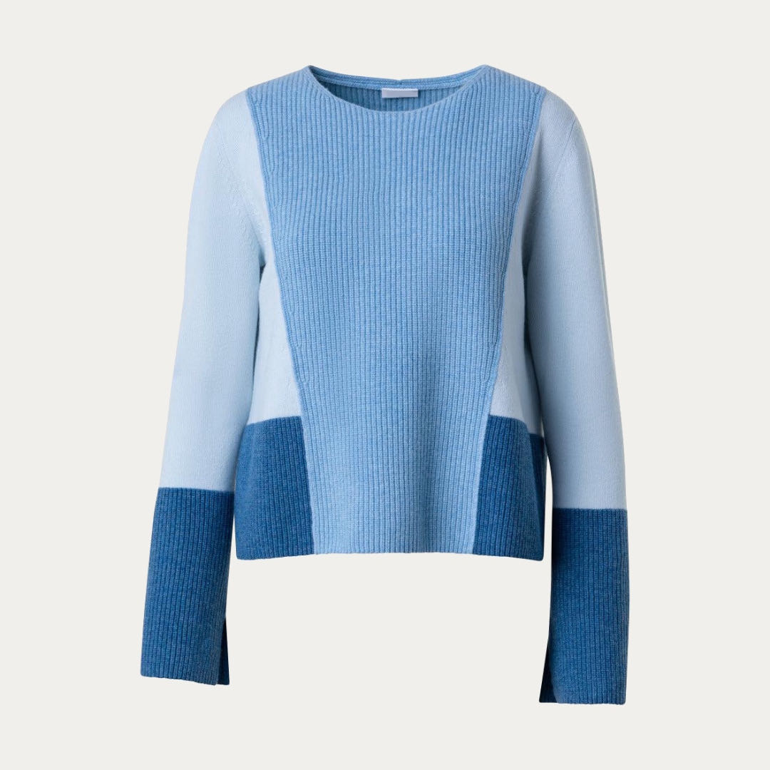 Unique Women’s 100% Wool Crew Neck Plain & Rib Knitted Top Jumper Sweater with Blue Colors