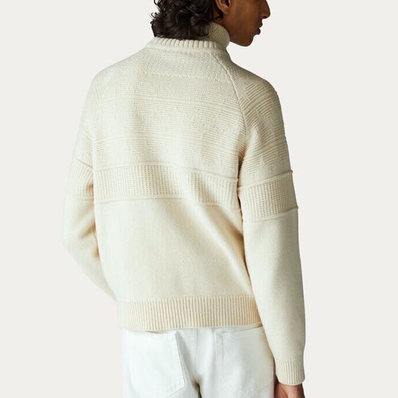 Men’s High Quality White Jersey & Jacquard Turtle Neck 100% Cashmere Knitwear Top Sweater