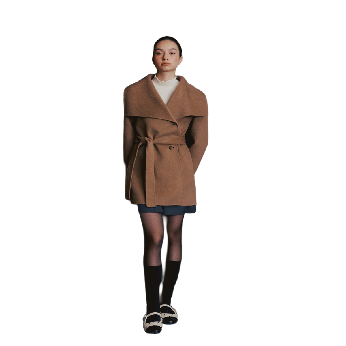 Fall/Winter Single-breasted Button Closure Tailored Silhouette Elegant Design Luxurious Belted Tweed Double-Face Wool Jacket