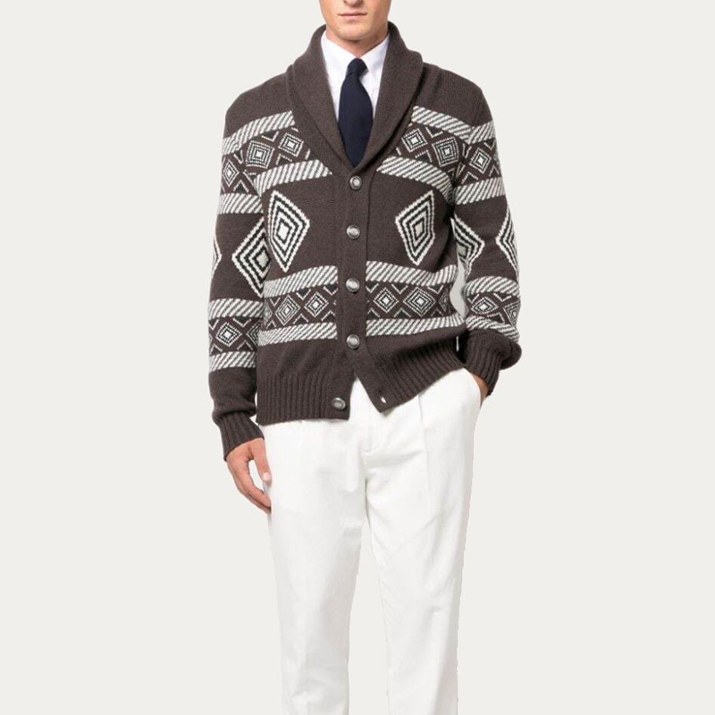 Висококвалитетен машки шал со копче кардиган Жакард плетен врвен џемпер од чиста волна за машки џемпери