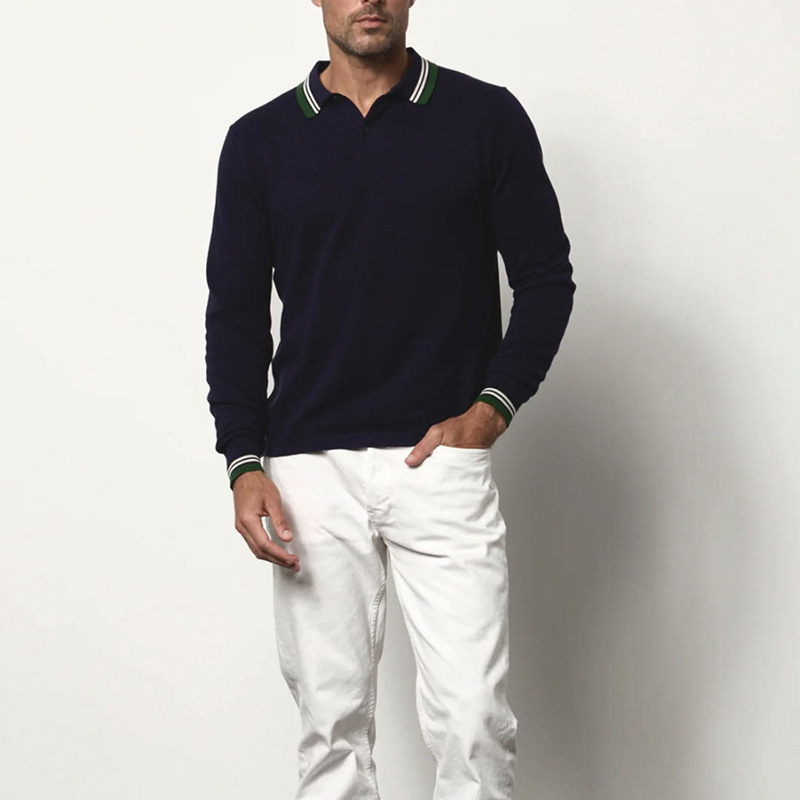 Men Cotton Long Sleeve Polo In A Seminal Pique Knit With Contrast Stripes On The Collar And Cuffs