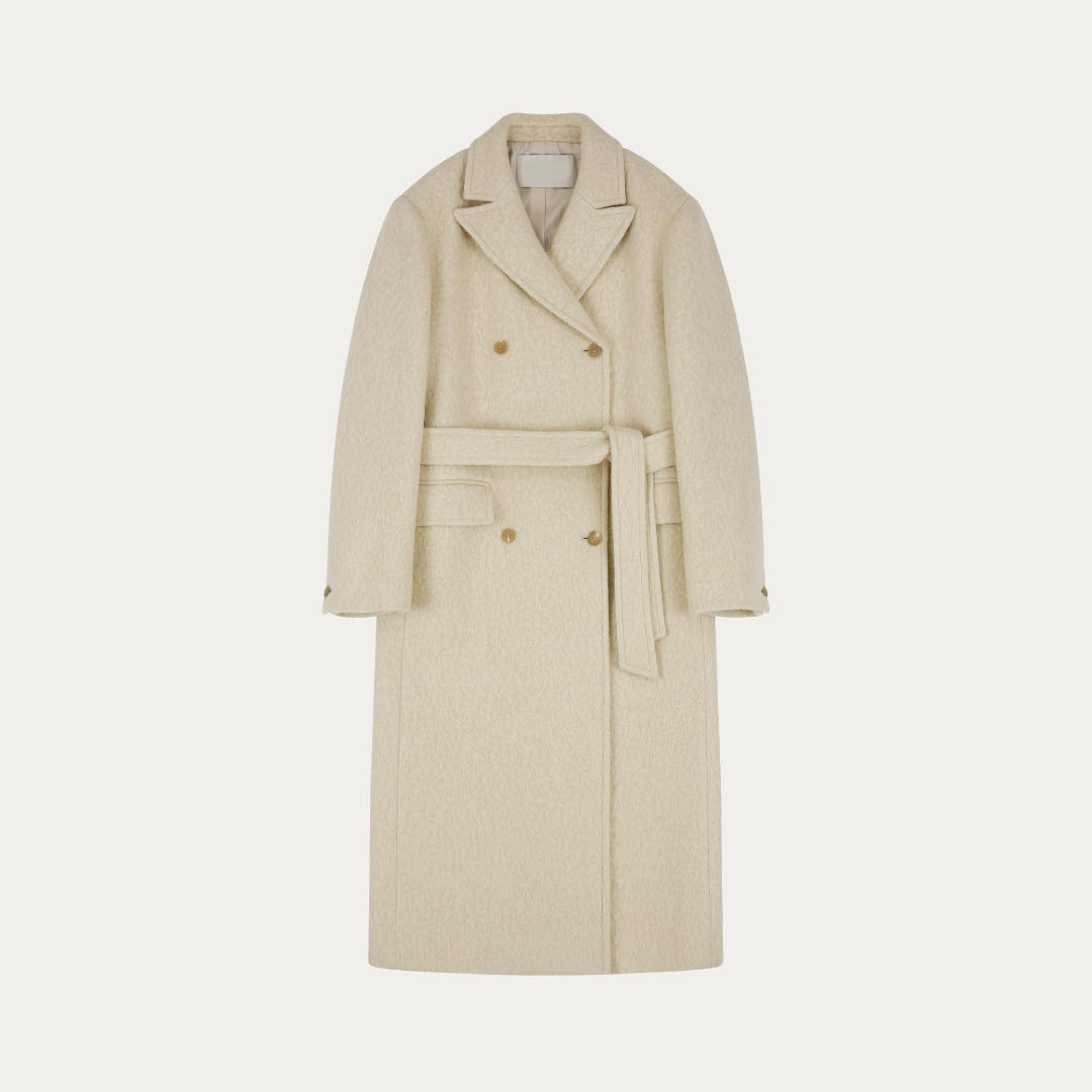 Mataas na De-kalidad na Women's 100% Cashmere Double Breasted Solid Color Coat na May Tali