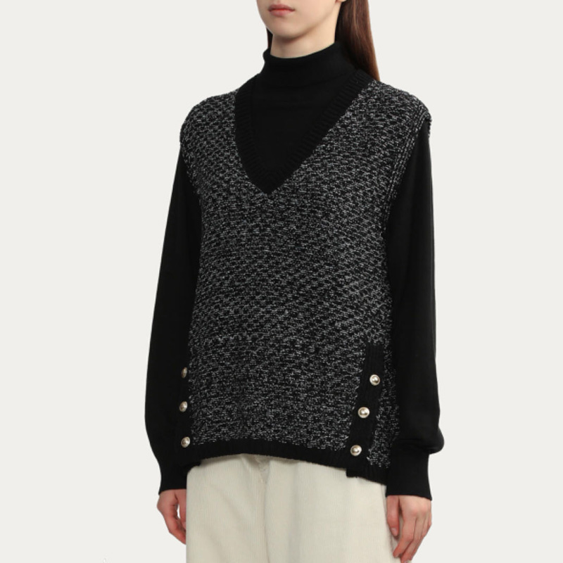 خواتین کی منفرد V-Neck Jersey Knit Cotton Black Top with Vest Knitwear Tank Tops Genre Vestes De Femmes