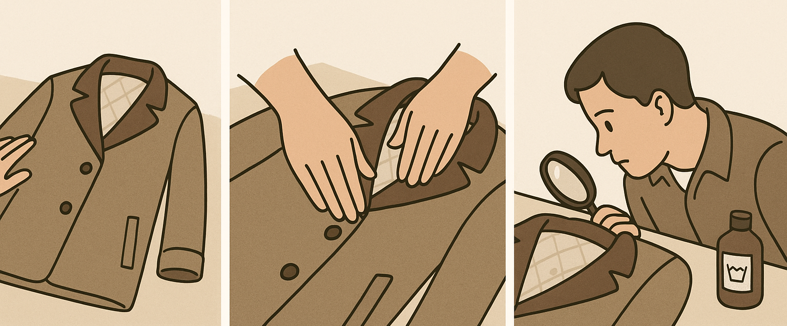 Lay wool jacket flat with lining out, smooth wrinkles on collar and cuffs, and check for stains before folding and storing.
