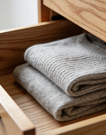 The cashmere sweater is folded in the drawer