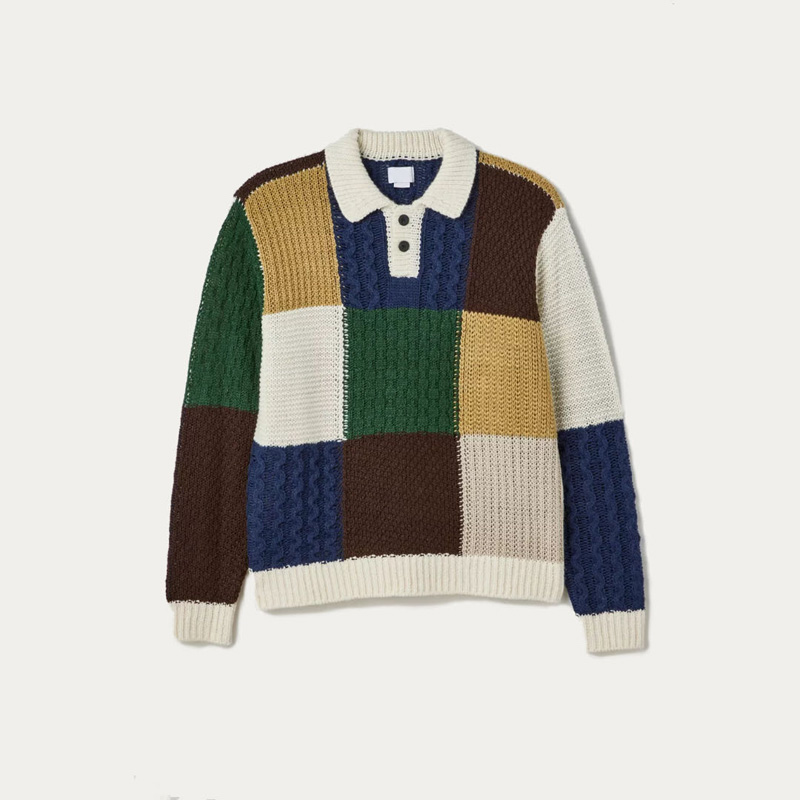 Muški džemper dugih rukava patchwork Polo izrez