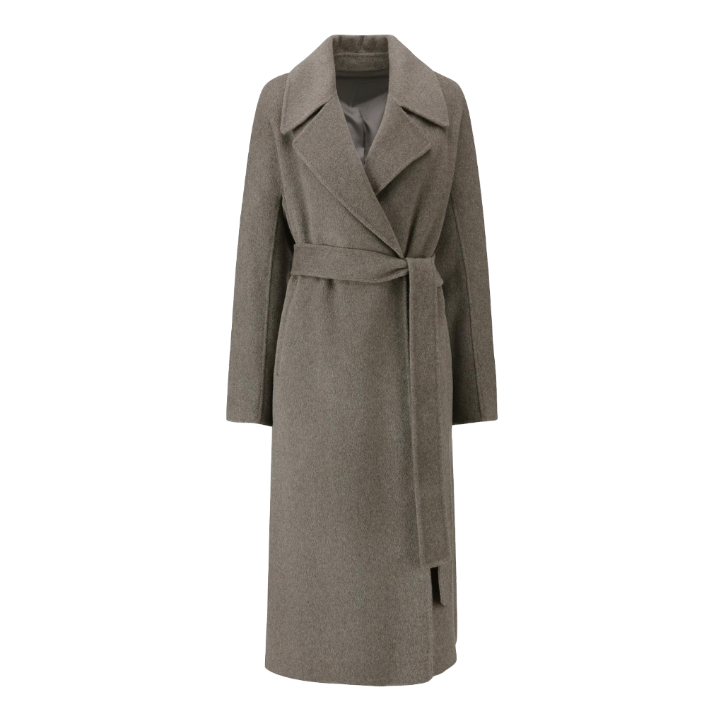 Custom Worsted Spring Autumn Elegant Gray Long Belted Wool Coat with Relaxed Fit and Tailored Silhouette