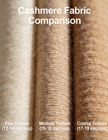 Cashmere fabric comparison showing 14, 16 and 19 micron textures