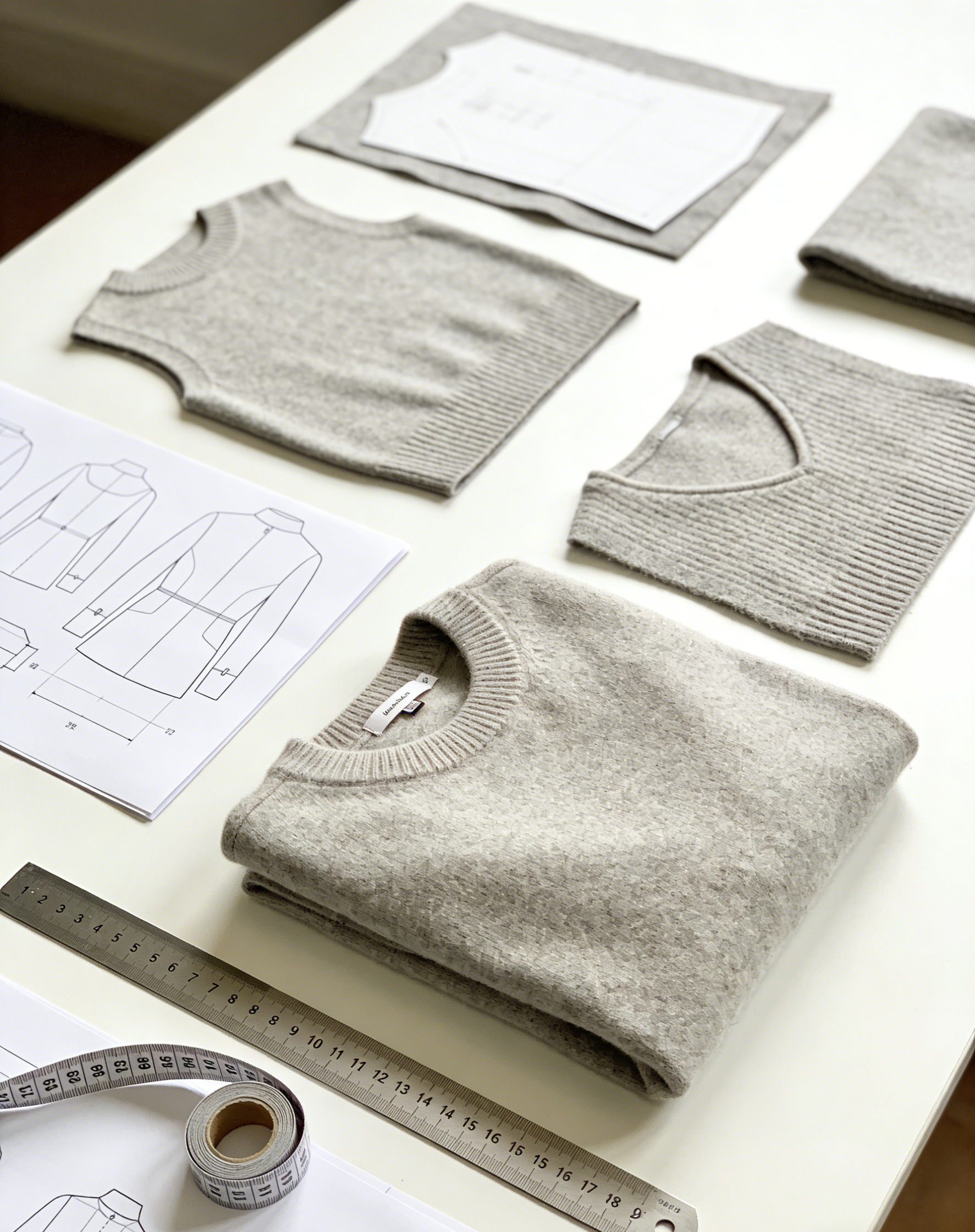 Display of cashmere sweater samples at different development stages (2)