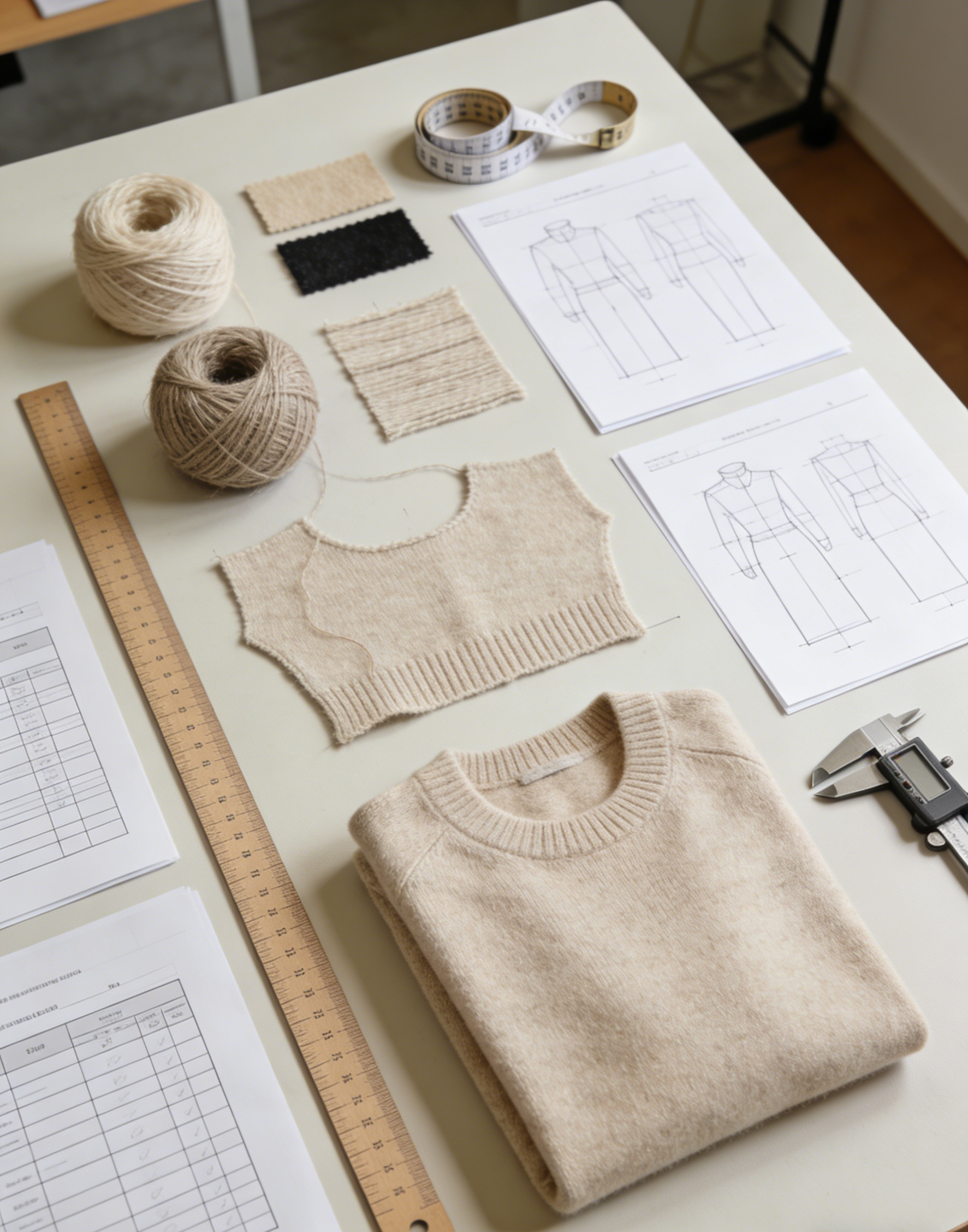Display of cashmere sweater samples at different development stages