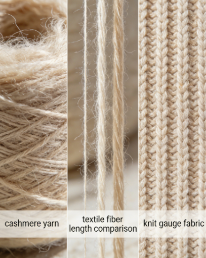 Long-fiber cashmere yarn and dense knit construction