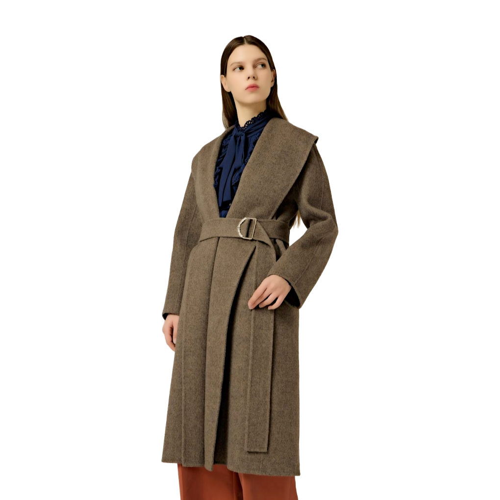 Manteau en laine ceinturé marron pour femmes sur mesure pour l’automne/hiver en mélange de laine et cachemire