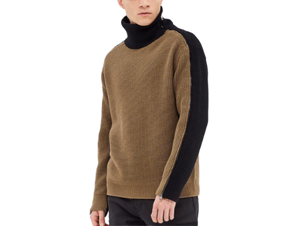 Two-Tone Relaxed Fit Turtleneck Men's Knit Sweater