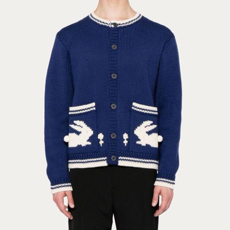 Offre spéciale hommes contraste couleur col rond Intarsia tricot motif bouton Cardigan des hommes haut tricots pull