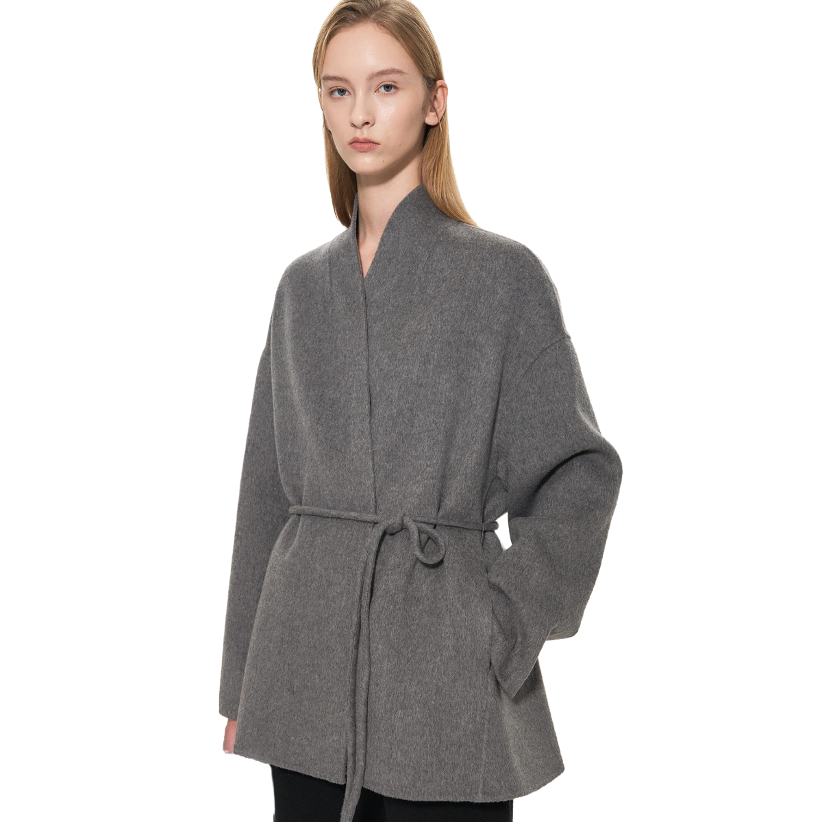 Manteau femme gris ceinturé personnalisé pour l’automne/hiver en mélange de laine et cachemire