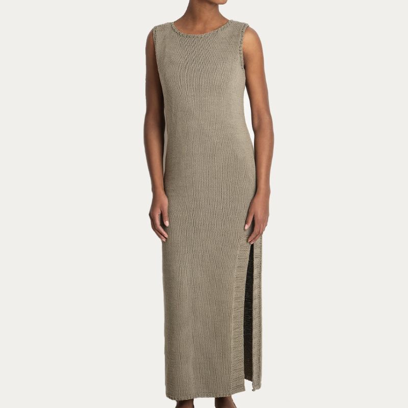 Women’s 100% Cotton Crew Neck Long Dress With Side Split
