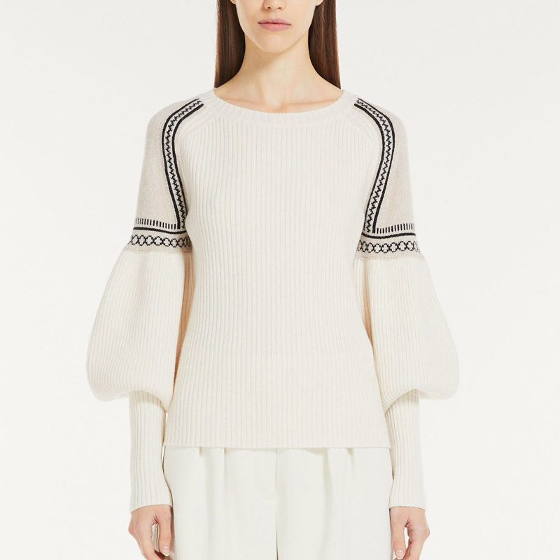 Custom Women’s Cashmere Sweater R-Neck Rib Knitwear with Spliced Jacquard Shoulder Pattern